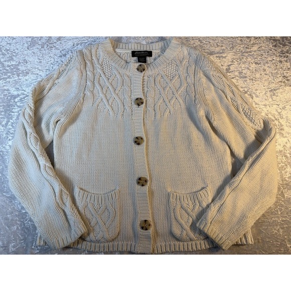 Eddie Bauer Sweaters - Vintage Y2K Eddie Bauer Womens L Petite Cable Knit Cardigan Sweater Ivory